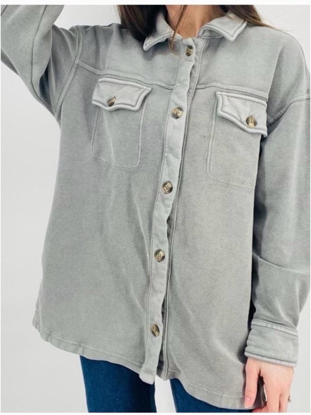 aerie Button Down Shacket Oversized Medium Grey Women’s